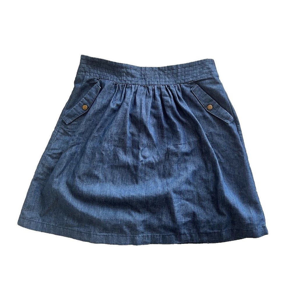 Paraella Womens Small Chambray Denim Look Mini Skirt Elastic Waist Pockets